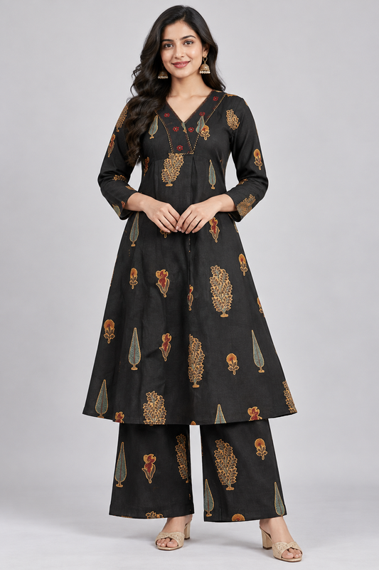 Elegant Black Floral Printed Kurta Palazzo Set for Women