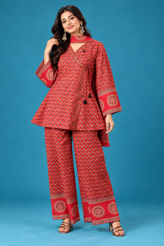 Elegant Red Printed Co-ord Set with Dupatta