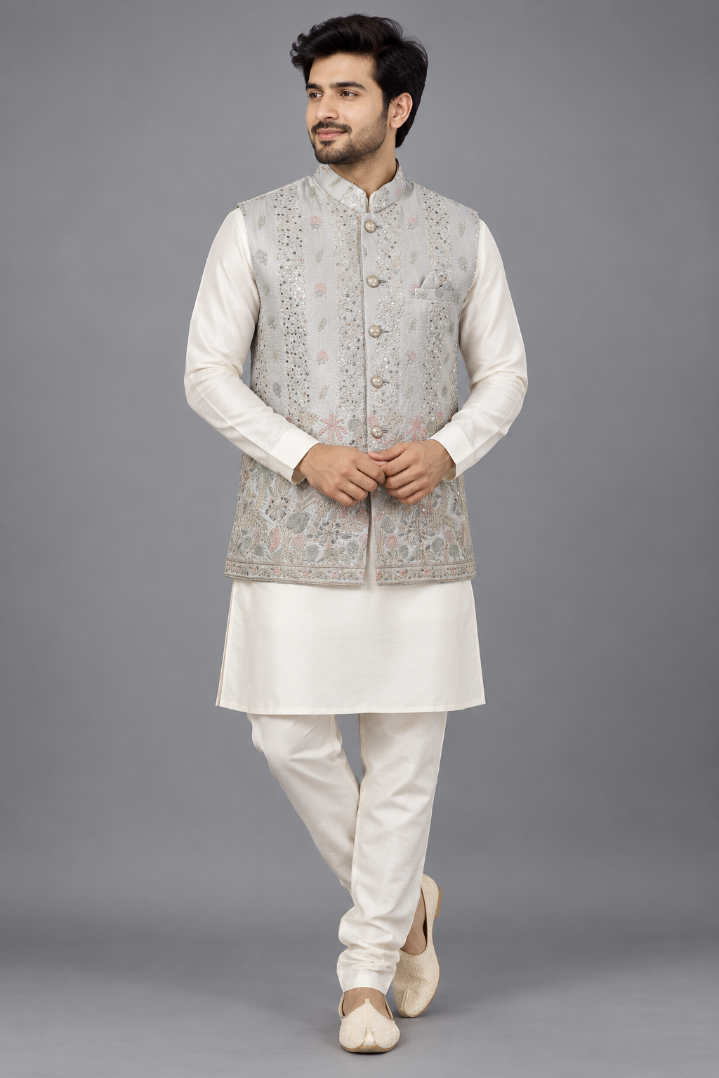 Premium Silver Grey Embroidered Modi Jacket