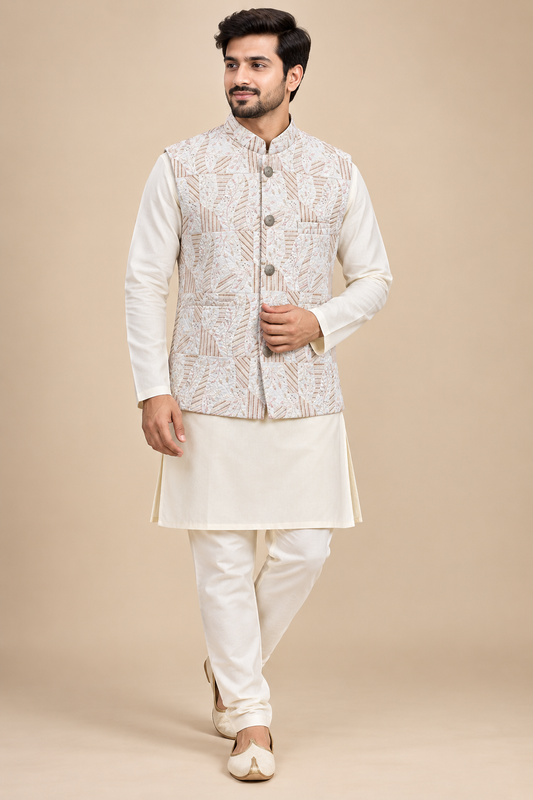 Ivory Geometric Floral Embroidered Nehru Jacket