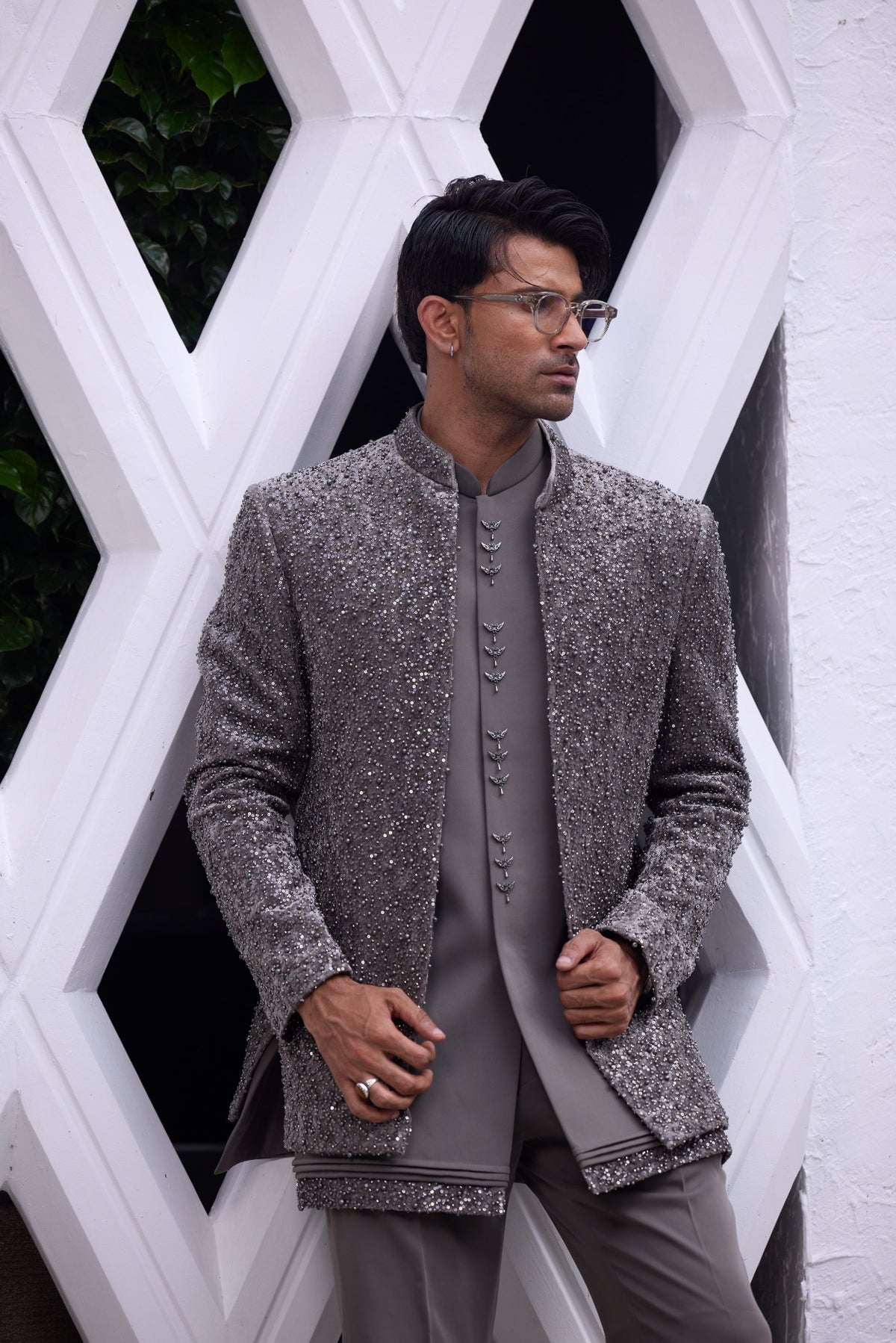 Charcoal Grey Sequined Indo-Western Jacket Set