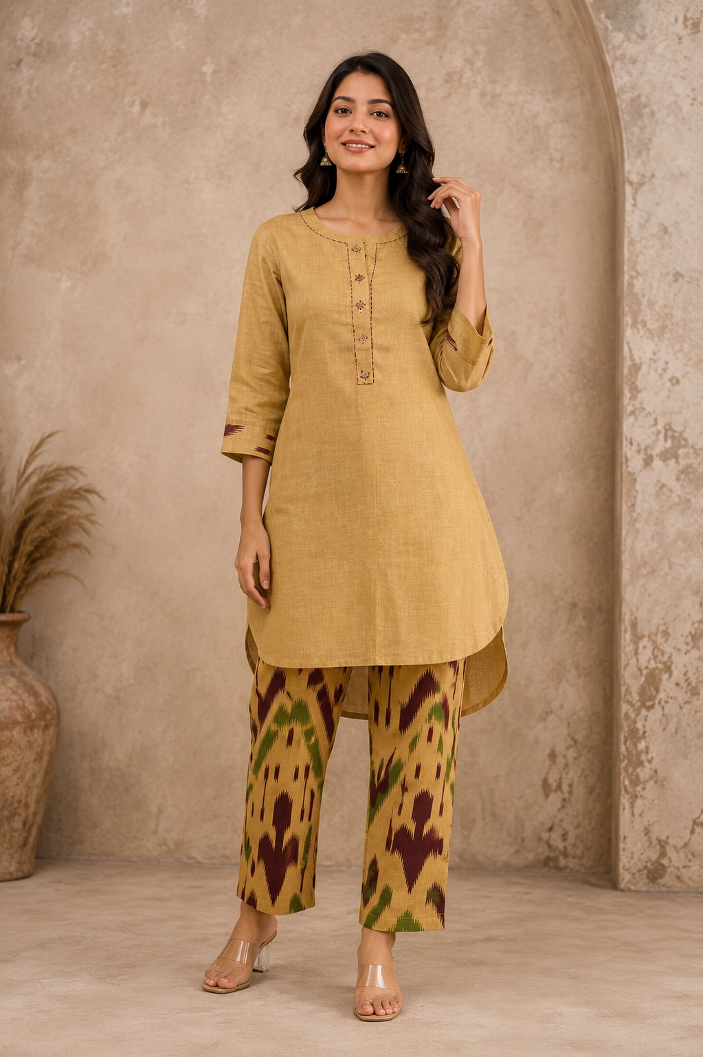 Women's Mustard Cotton Blend Kurti & Printed Straight Pant Co-ord Set
