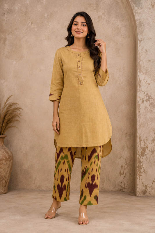 Women's Mustard Cotton Blend Kurti & Printed Straight Pant Co-ord Set