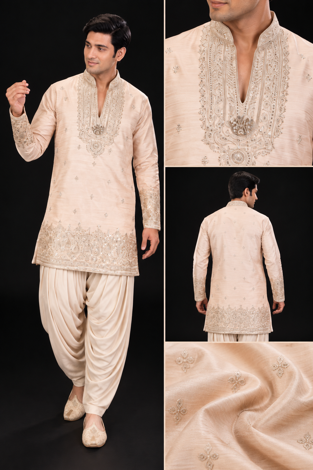 Peach Embroidered Kurta with Draped Dhoti
