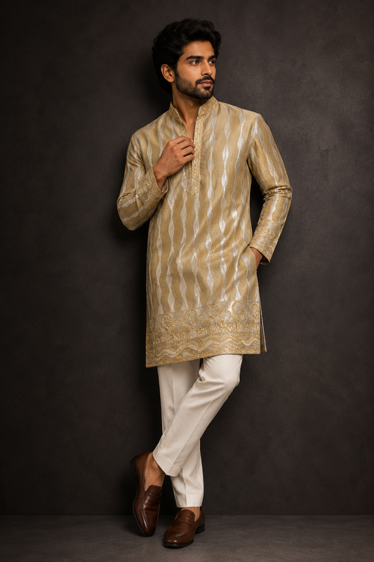 Antique Gold Jacquard Festive Kurta Set