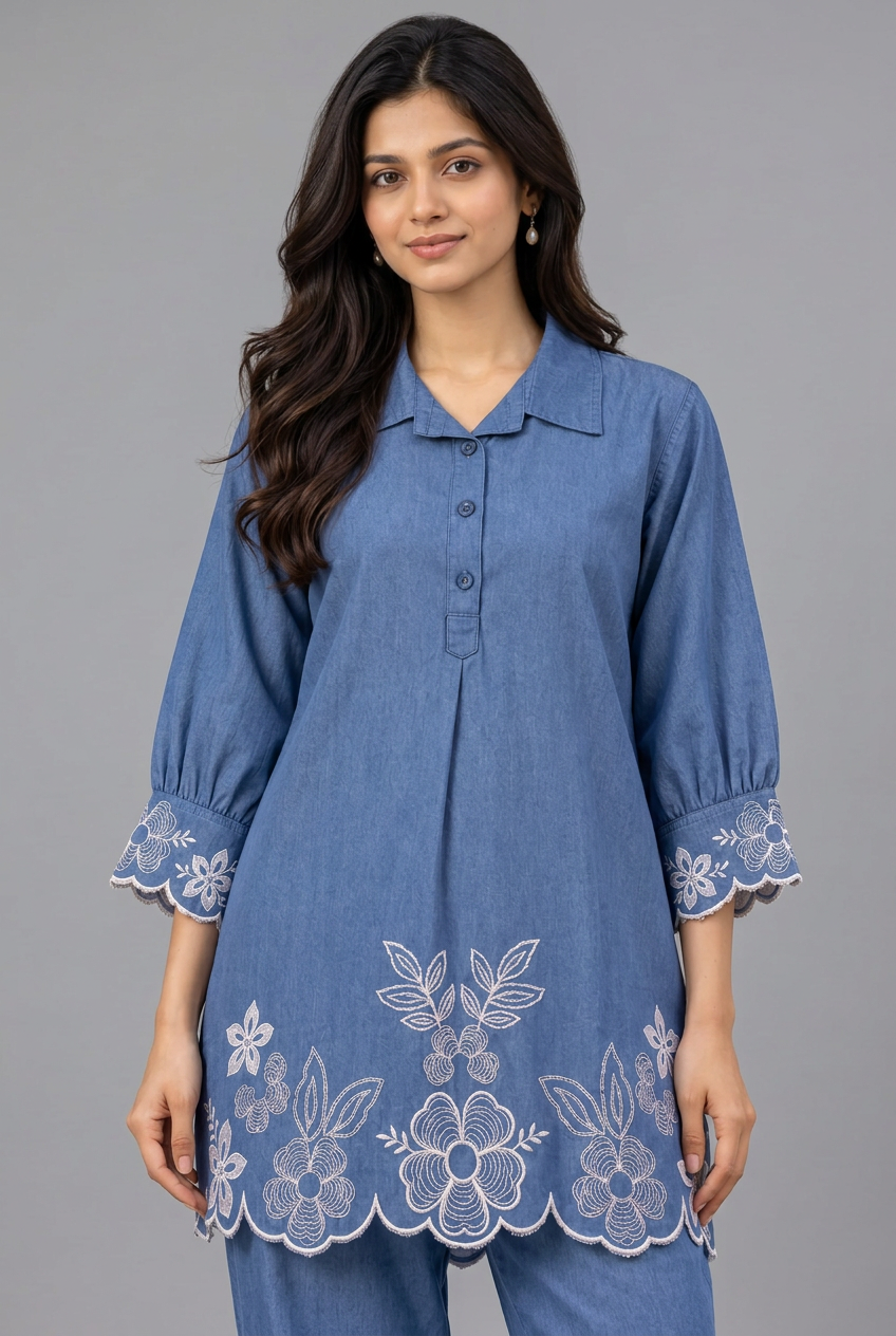 Denim Blue Floral Embroidered Co-ord Set
