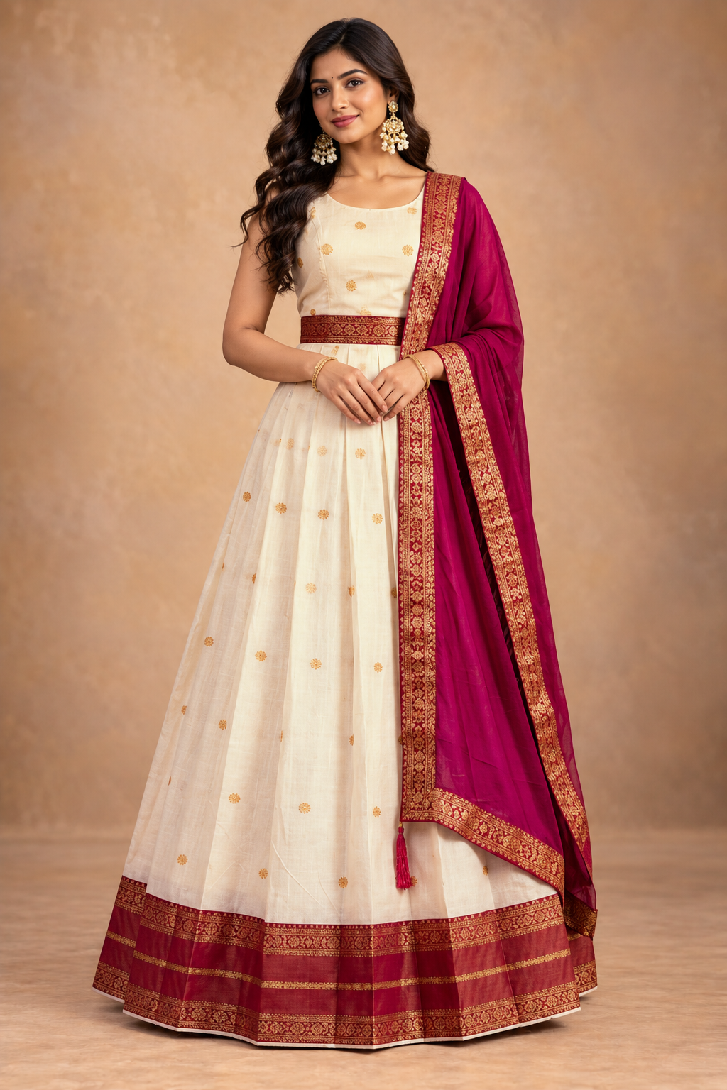 Elegant Cream & Magenta Ethnic Anarkali Gown with Dupatta
