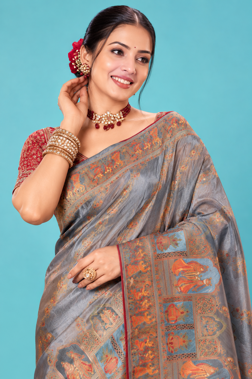 Elegant Grey Designer Saree with Multicolor Traditional Woven Motifs & Rich Pallu