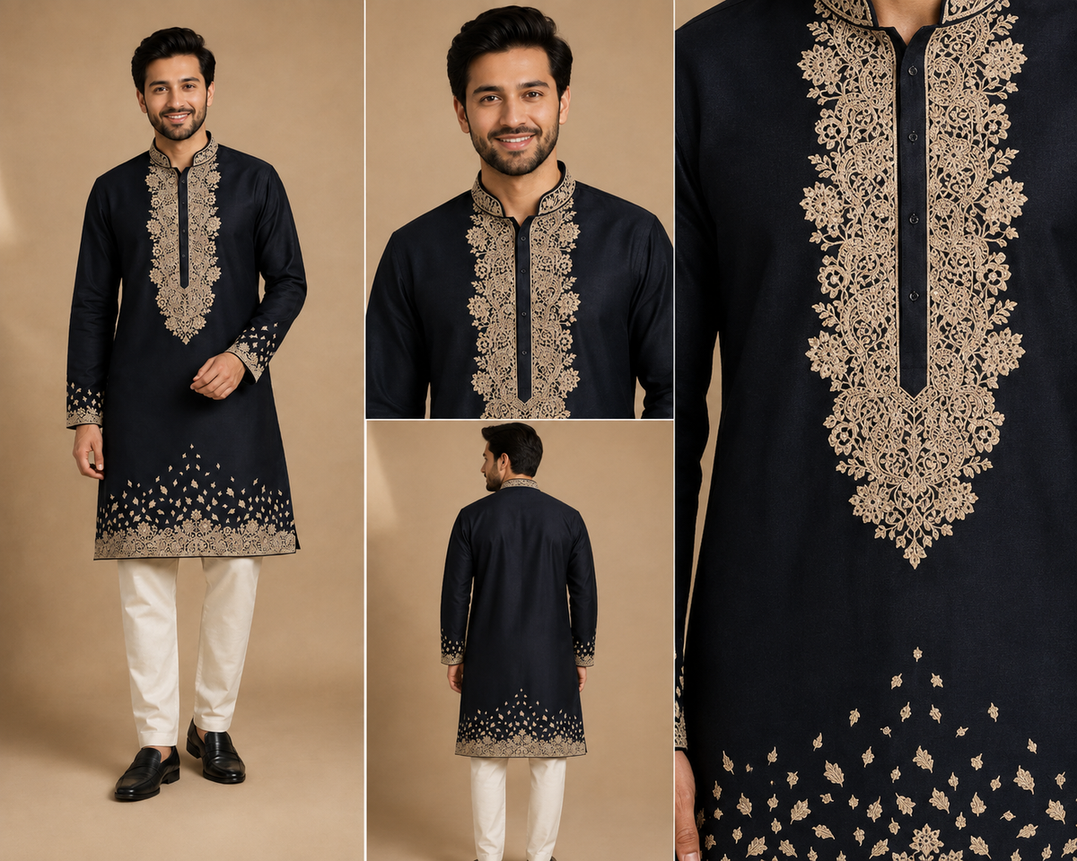 Midnight Black Embroidered Men’s Kurta