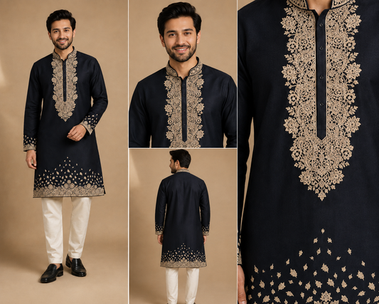 Midnight Black Embroidered Men’s Kurta