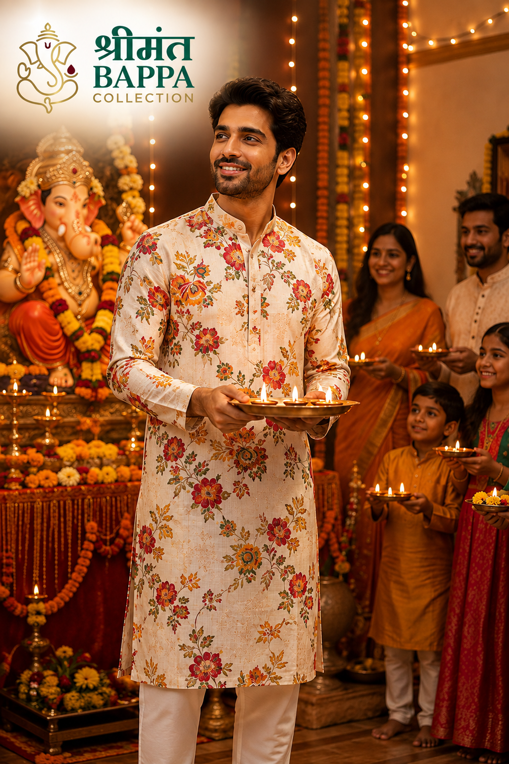 Ivory Floral Print Festive Kurta Pajama Set