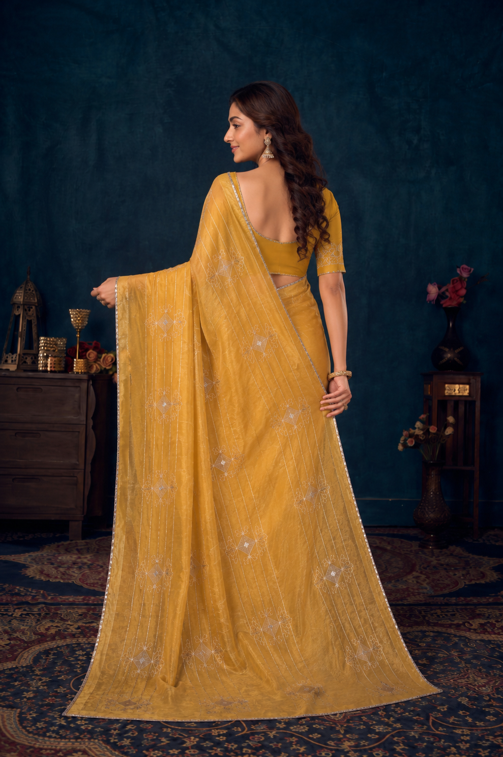 Golden Mustard Embroidered Designer Saree with Elegant Silver Thread Work