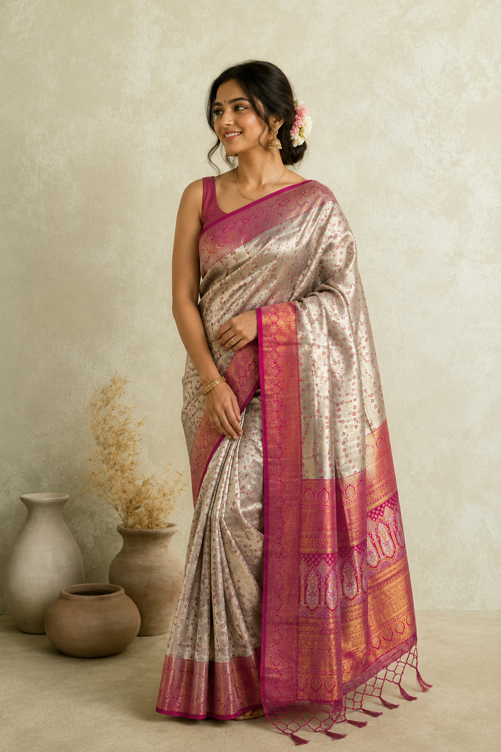 Elegant Saree with Magenta Zari Border
