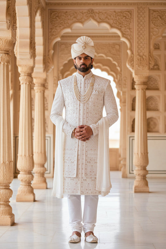 Ivory Gold Regal Sherwani Silk Jacquard Patterned Royal Wedding Ensemble