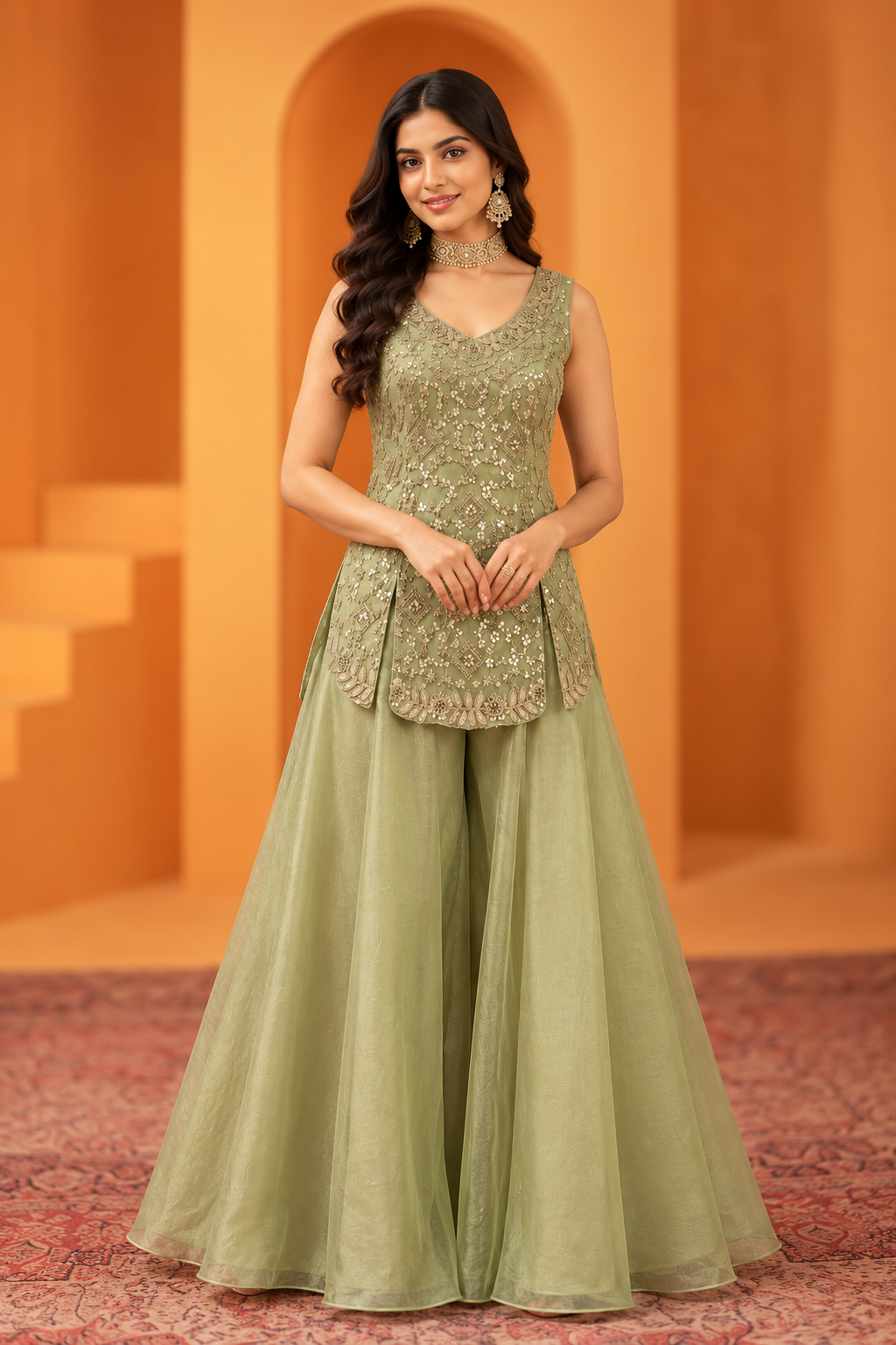 Sage Green Embroidered Peplum Kurti with Flared Palazzo Set