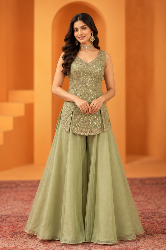 Sage Green Embroidered Peplum Kurti with Flared Palazzo Set