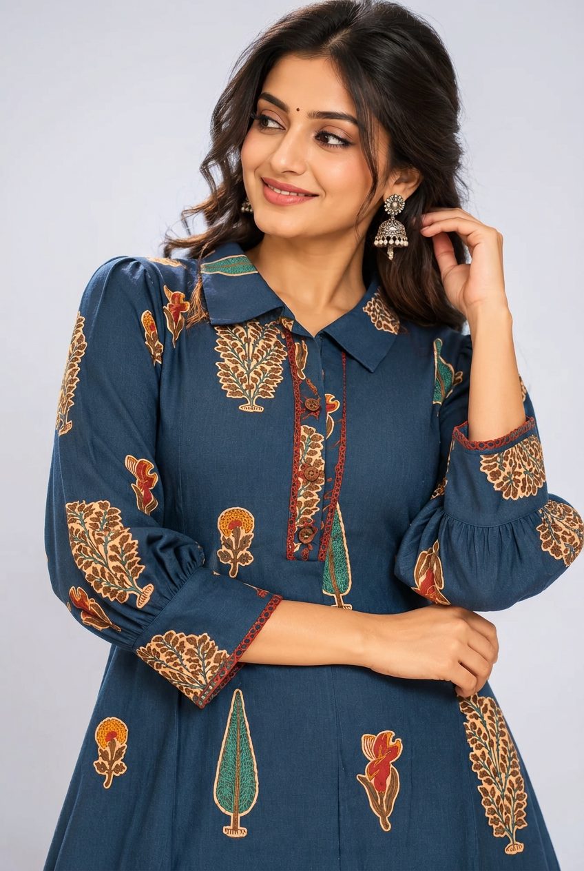Elegant Teal Blue Floral Printed Anarkali Kurta Set