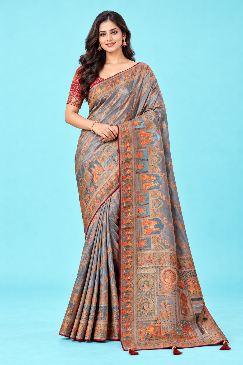 Elegant Grey Designer Saree with Multicolor Traditional Woven Motifs & Rich Pallu