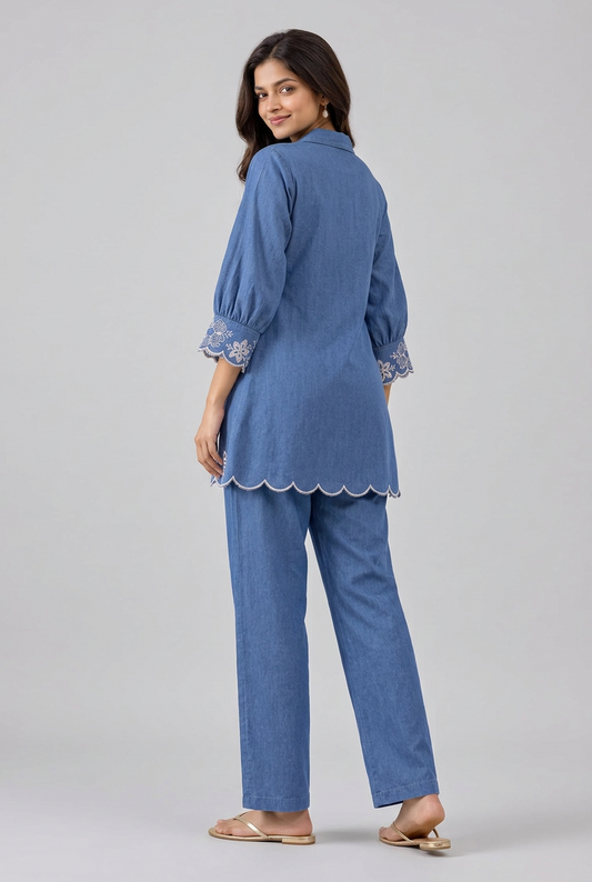 Denim Blue Floral Embroidered Co-ord Set