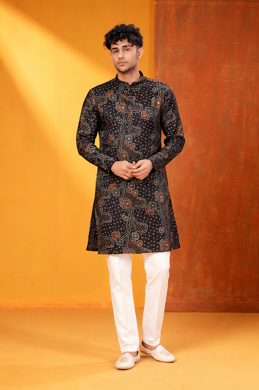 Black Printed Festive Kurta Set for Men