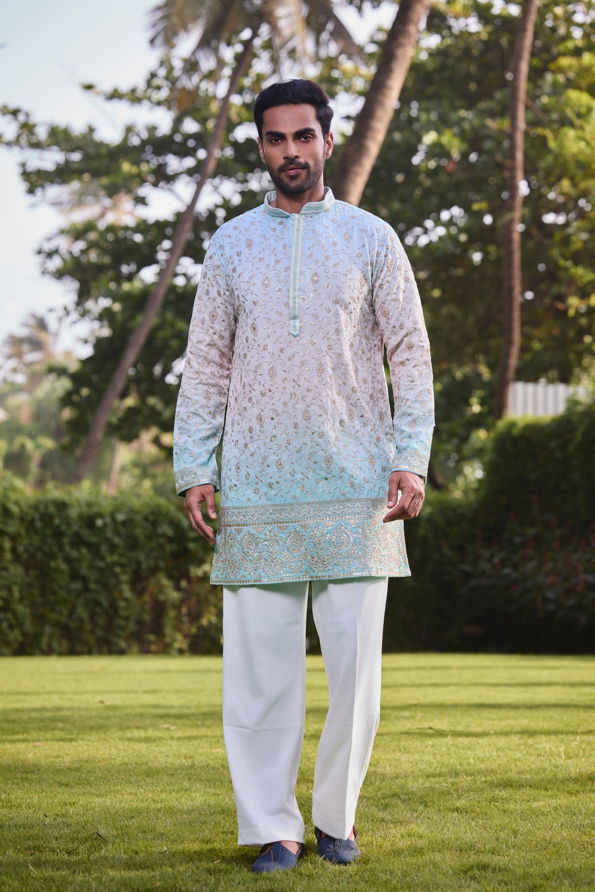 Ice Blue Embroidered Festive Kurta Set