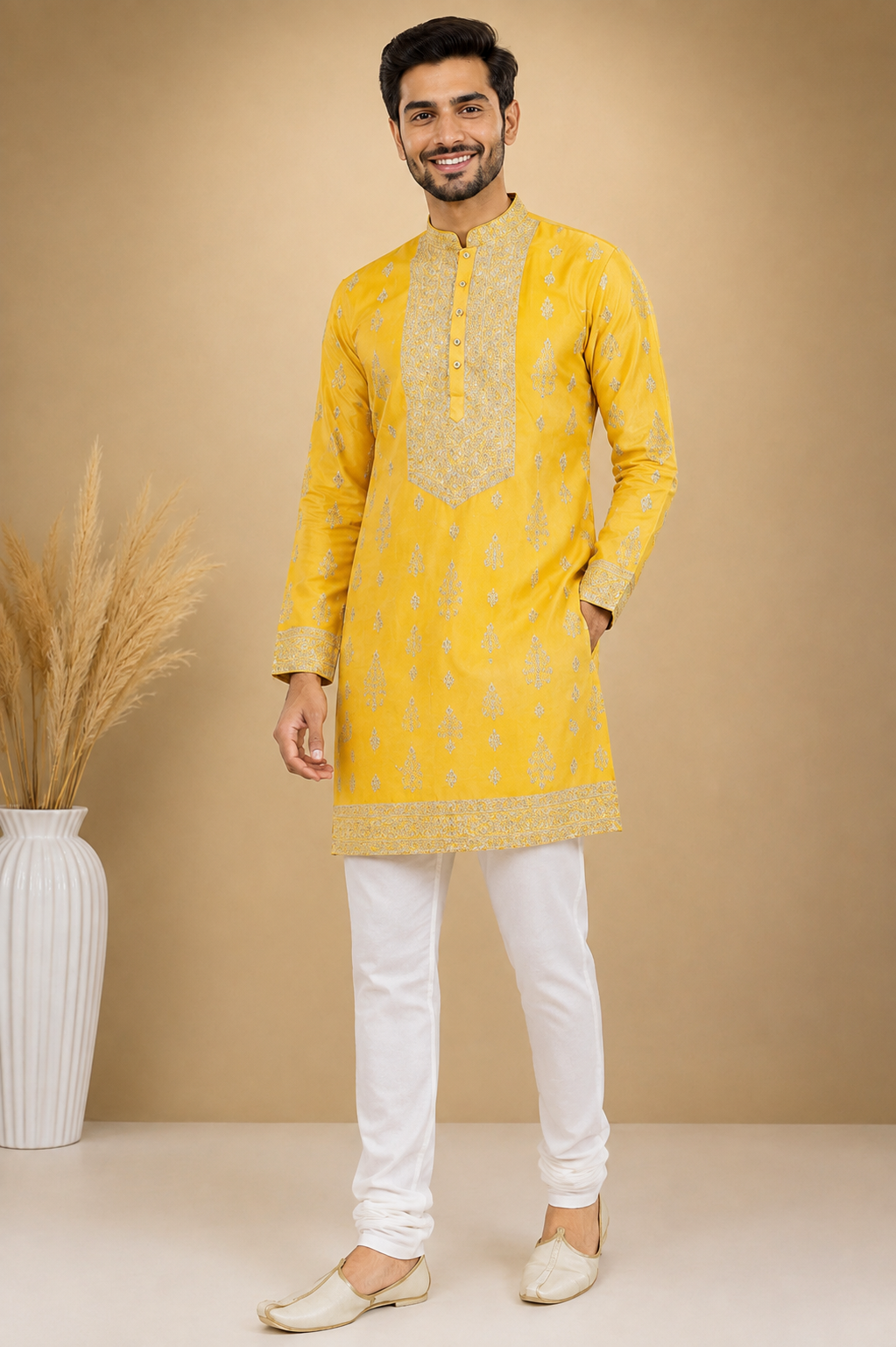 Men’s Mustard Yellow Embroidered Festive Kurta Set