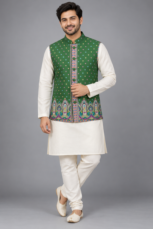 Mehendi Green Multicolor Motif  Nehru Jacket