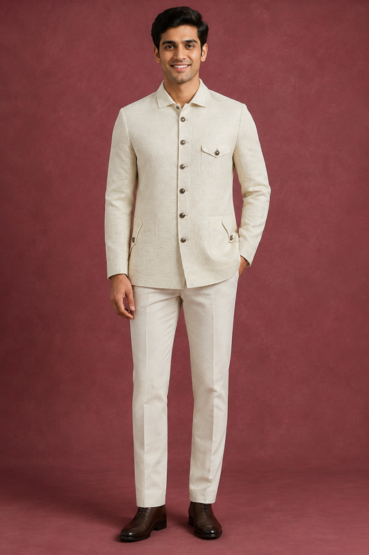 Ivory Textured Safari Jacket Suit for Men