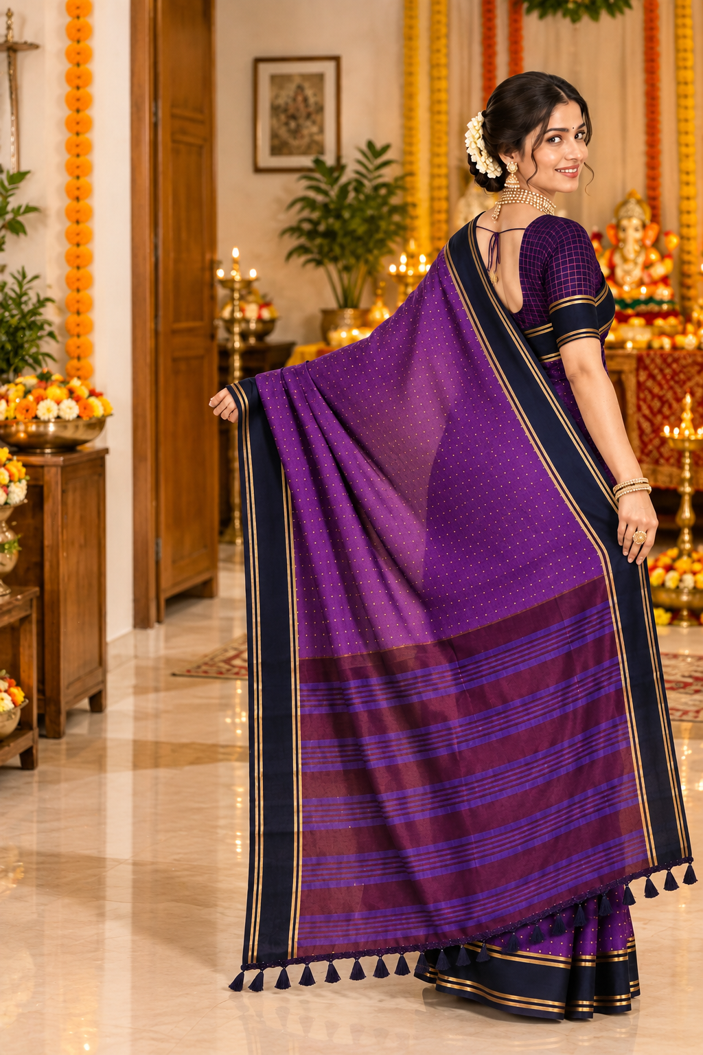 Royal Purple Saree with Navy Blue Border & Striped Pallu