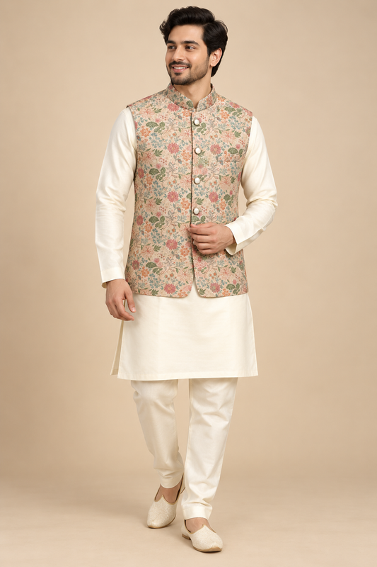Beige Floral Printed Nehru Jacket for Men