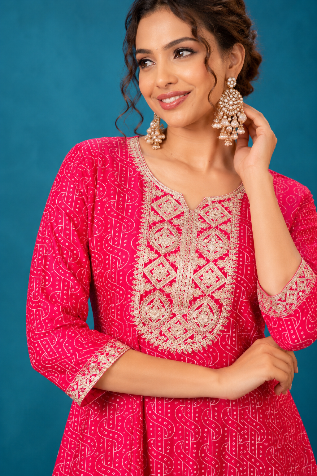 Rani Pink Printed Embroidered Flared Kurti