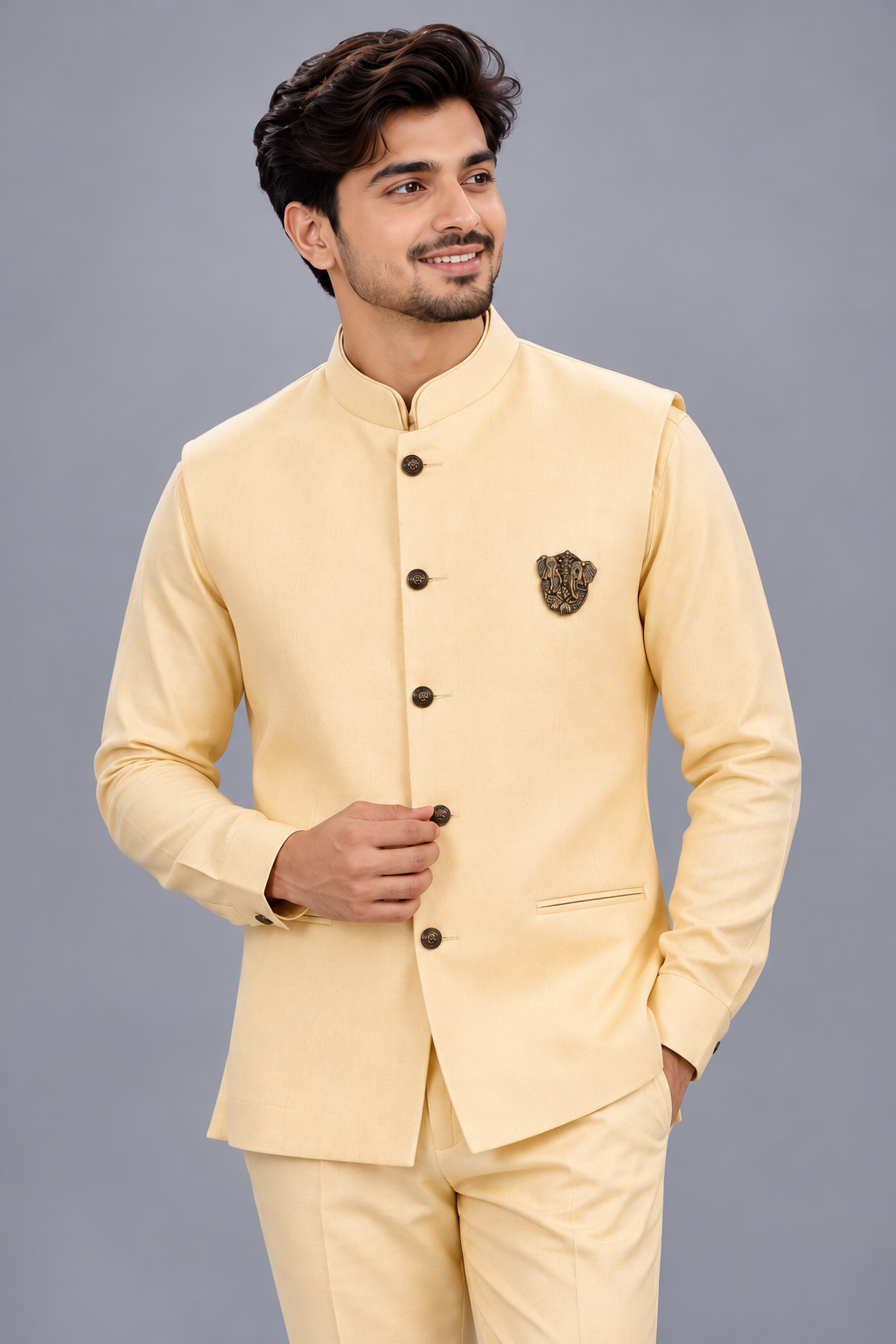 Premium Cream Men's jacket with Shirt Antique Brooch