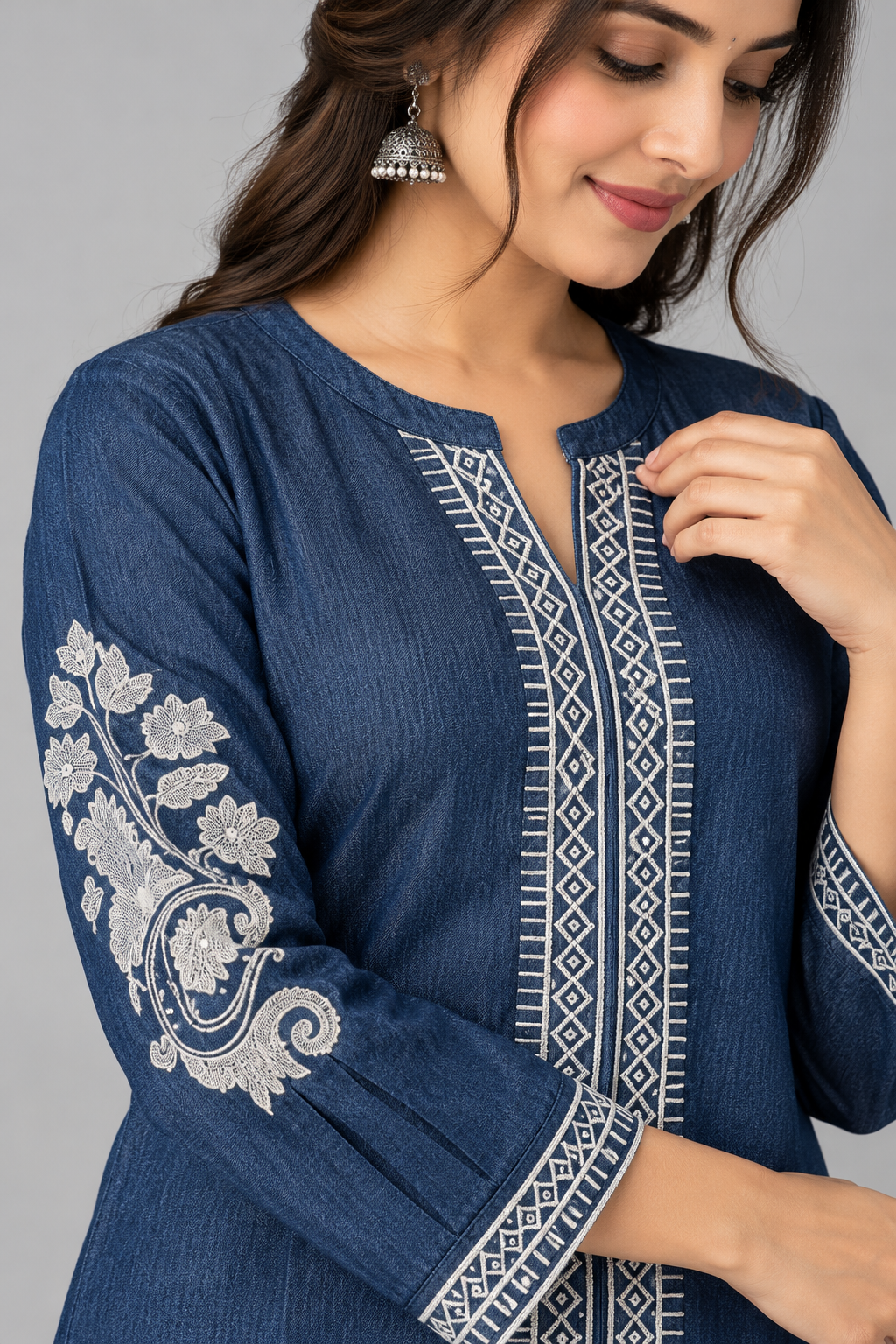 Women's Denim Blue Embroidered Co-Ord Set