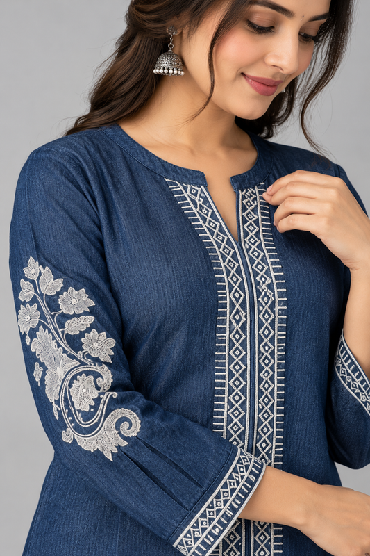Women's Denim Blue Embroidered Co-Ord Set