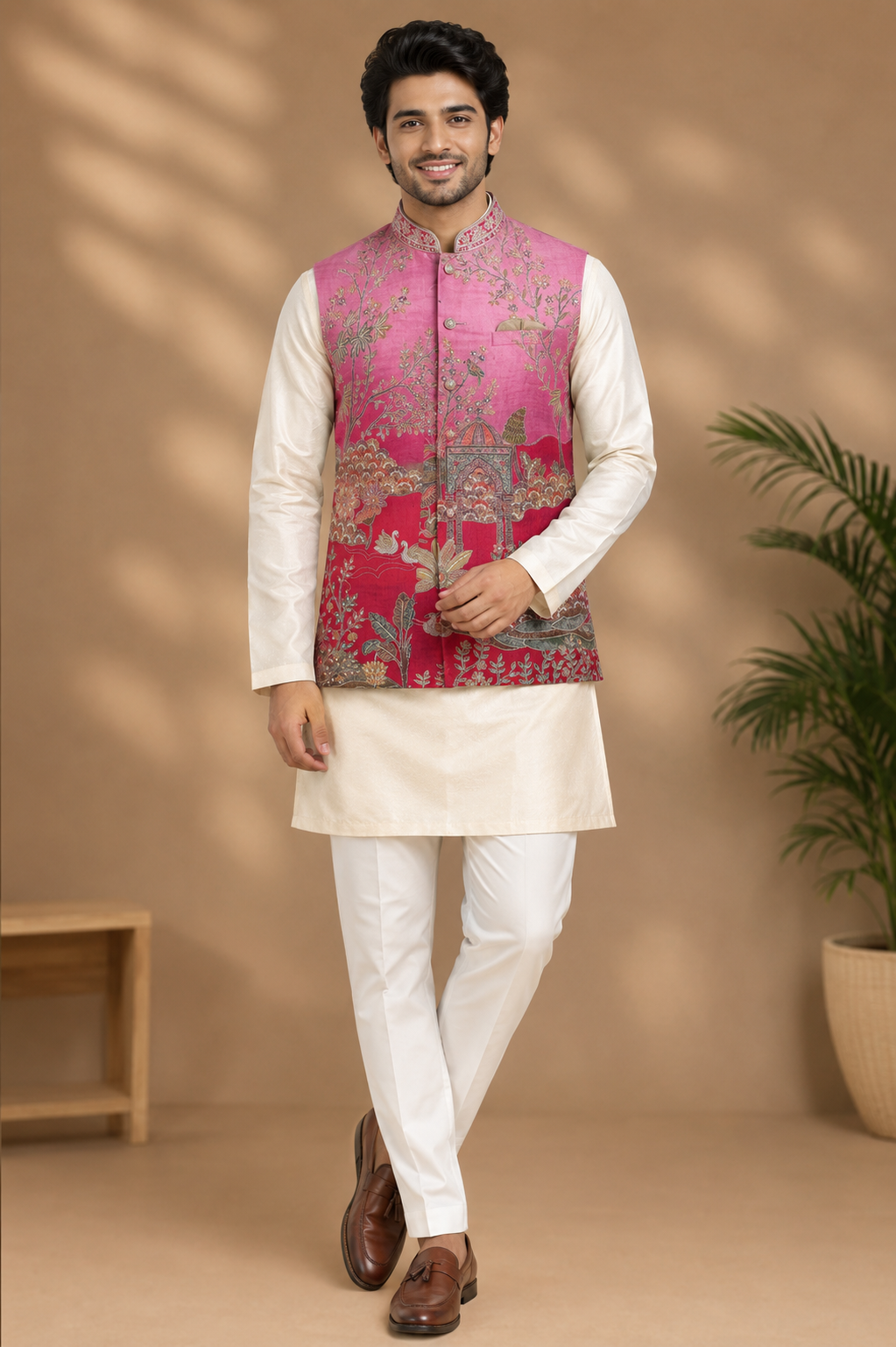 Royal Pink Printed Nehru Jacket