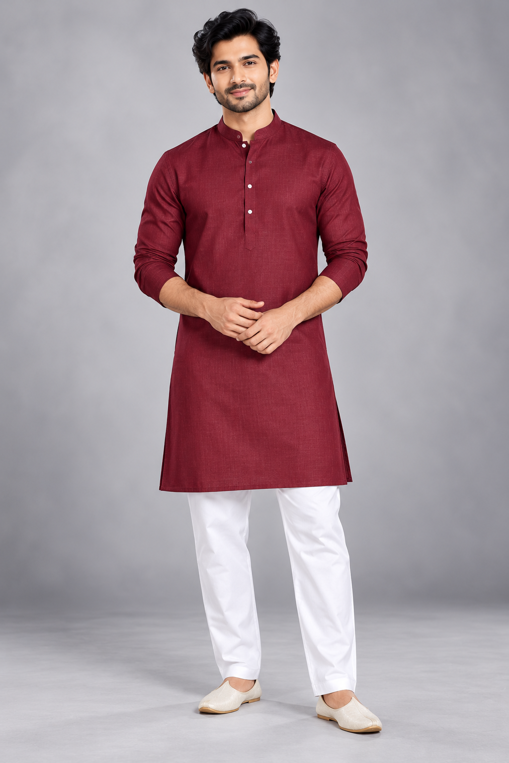 Men's Premium Maroon Solid Kurta with White Pajama Set