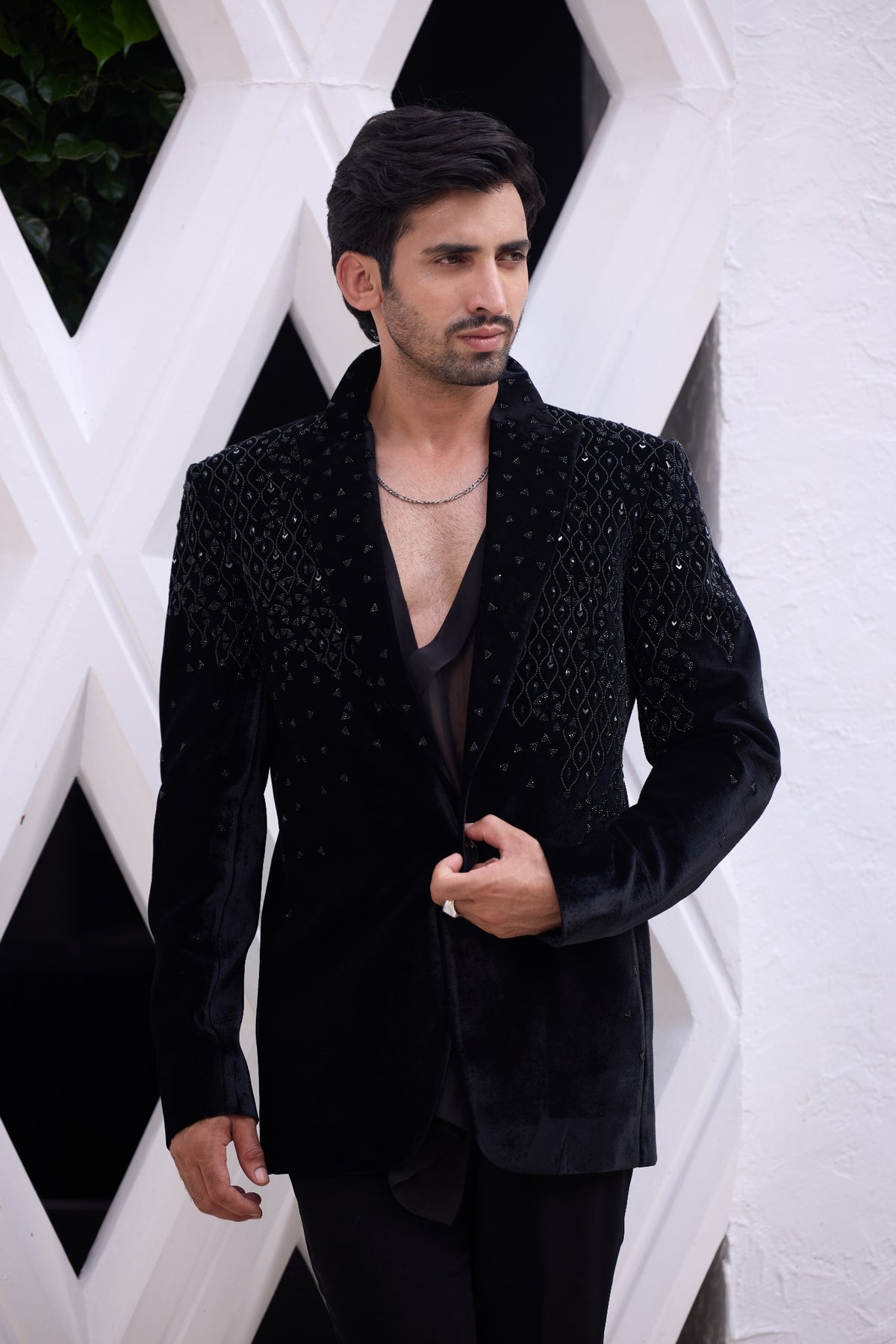 Black Velvet Embellished Tuxedo Jacket
