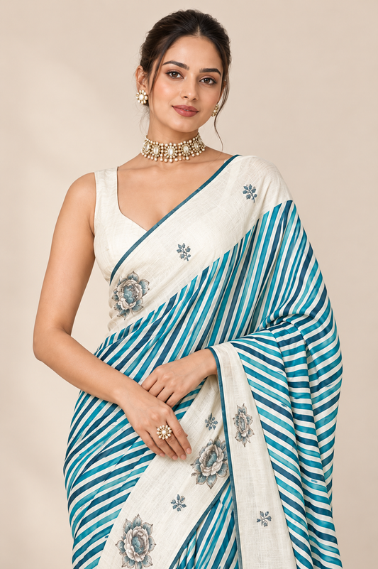 Teal Stripe Floral Elegance Saree