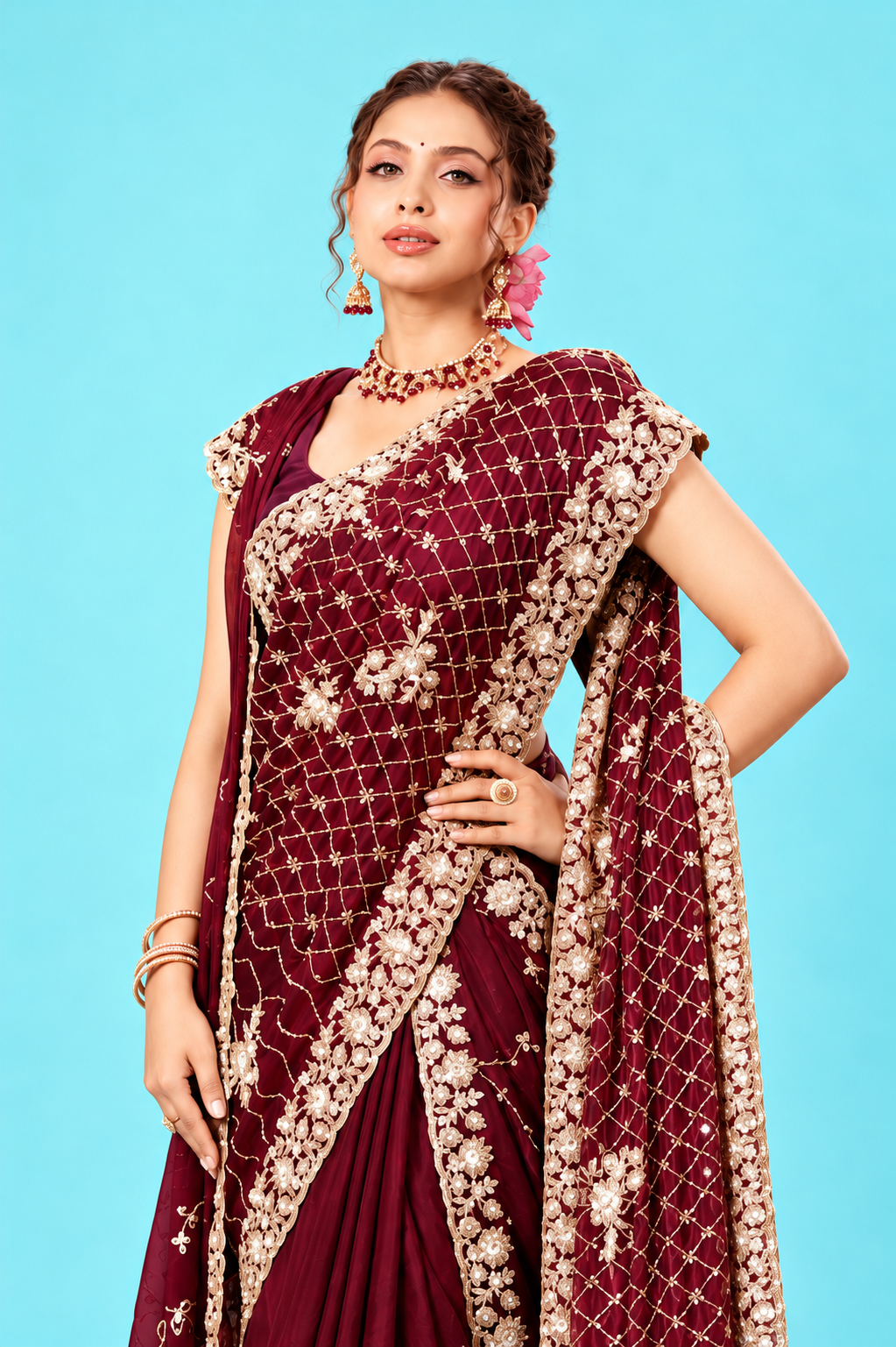 Royal Wine Maroon Designer Saree with Heavy Golden Floral Embroidery & Rich Pallu