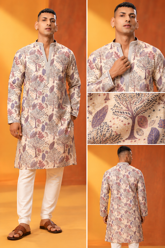 Elegant Botanical Print Men’s Kurta Set