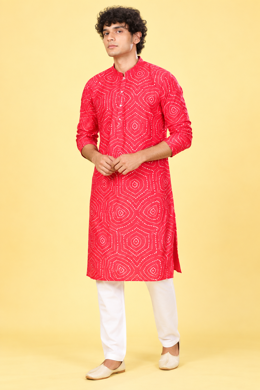 Red Bandhani Print Festive Kurta for Men