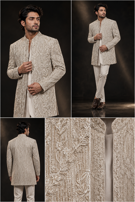 Ivory Embroidered Designer Indo-Western Sherwani Set