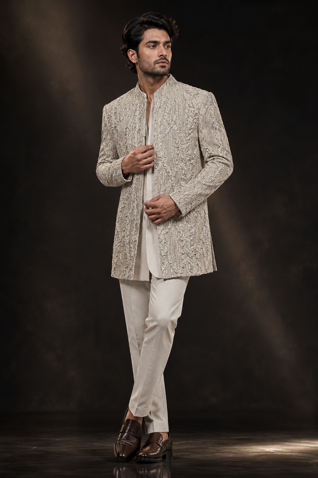 Ivory Embroidered Designer Indo-Western Sherwani Set