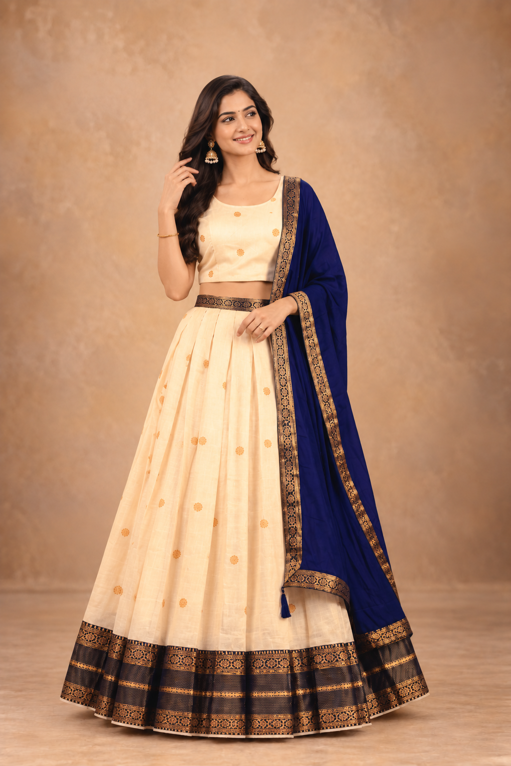 Elegant Cream & Navy Blue Lehenga Choli with Golden Border Dupatta