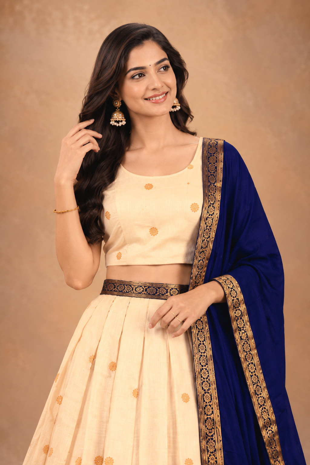 Elegant Cream & Navy Blue Lehenga Choli with Golden Border Dupatta