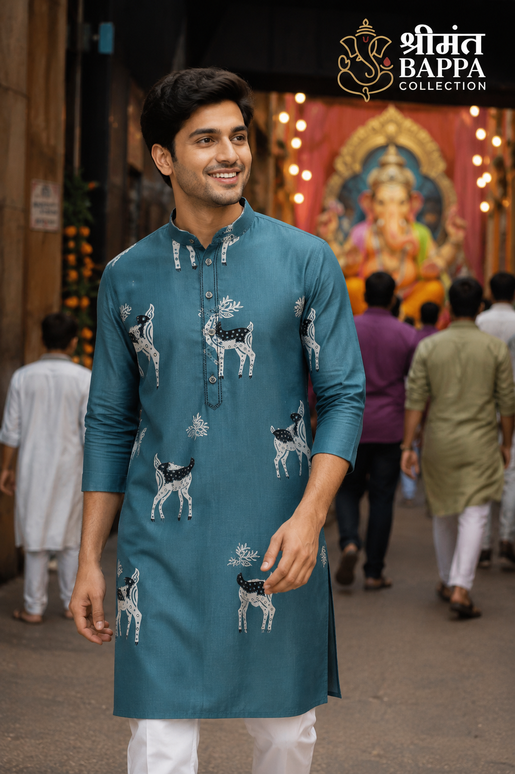 Teal Deer Motif Festive Kurta Set