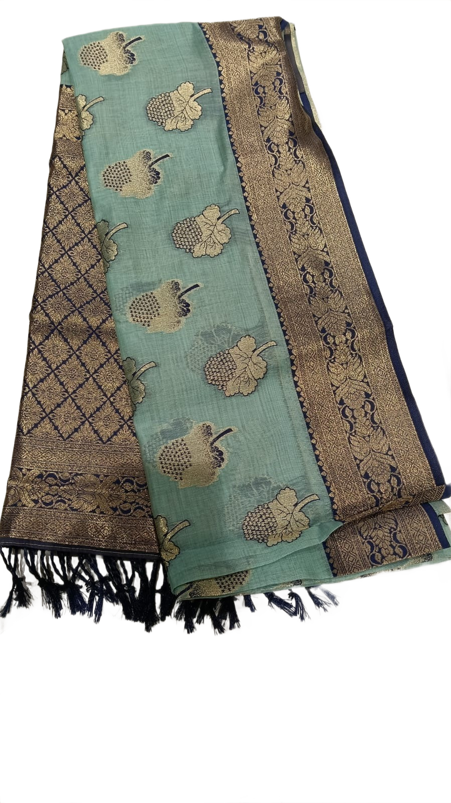 Elegant Sea Green Woven Saree with Navy Blue & Golden Zari Border