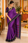 Royal Purple Saree with Navy Blue Border & Striped Pallu