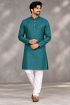 Men's Teal Green Solid Kurta with White Pajama
