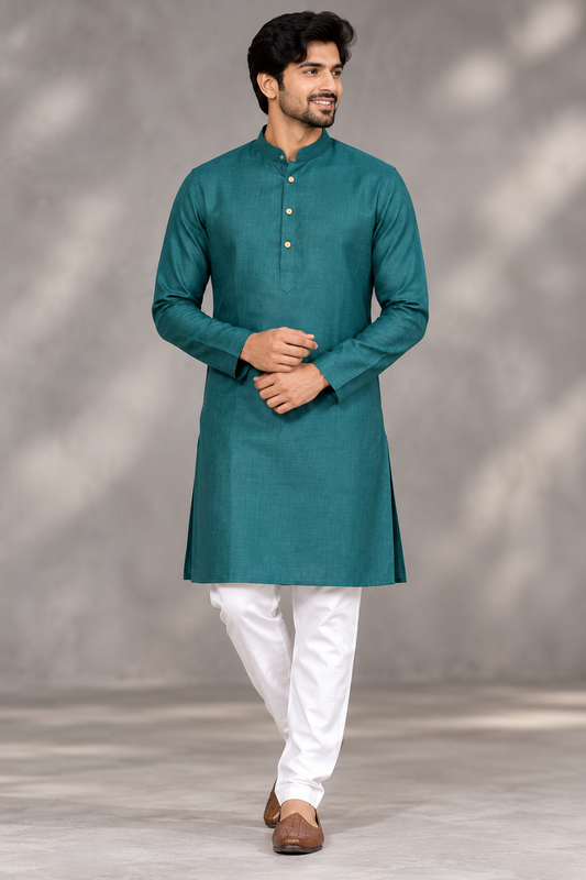 Men's Teal Green Solid Kurta with White Pajama